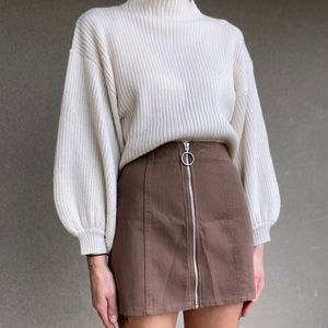Brown denim mini skirt with O ring zipper